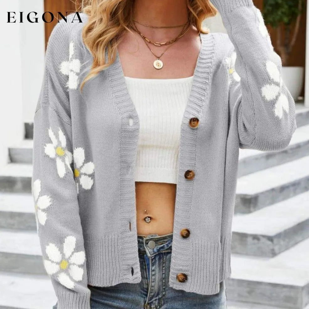 Floral Ribbed Trim Drop Shoulder Cardigan
