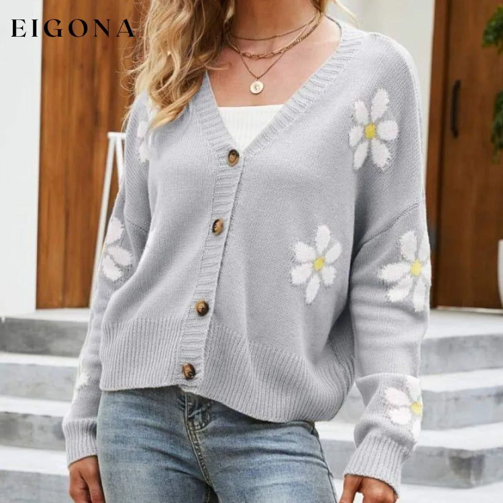 Floral Ribbed Trim Drop Shoulder Cardigan