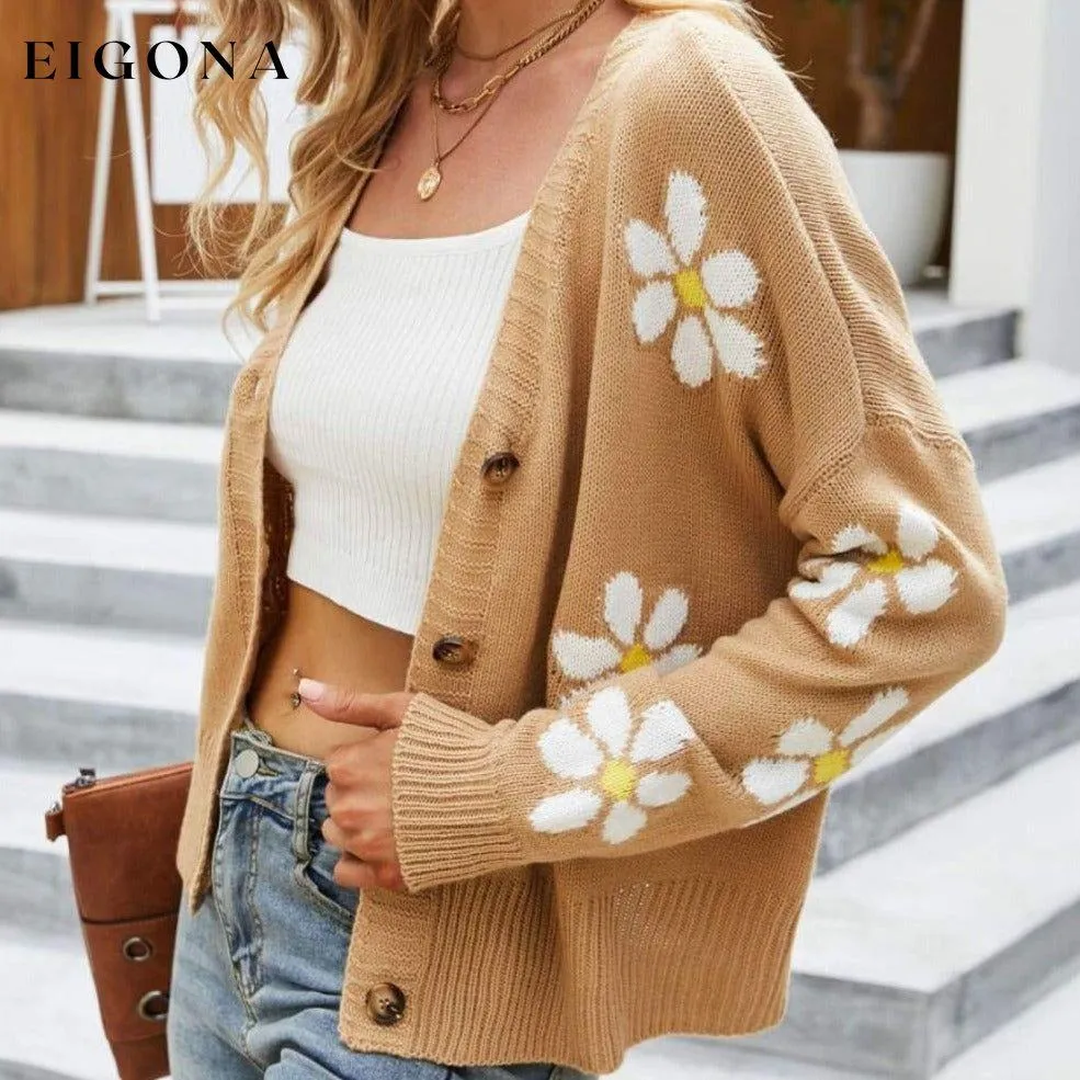 Floral Ribbed Trim Drop Shoulder Cardigan