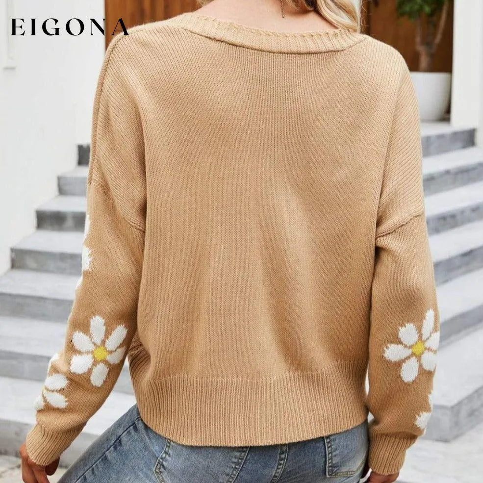 Floral Ribbed Trim Drop Shoulder Cardigan
