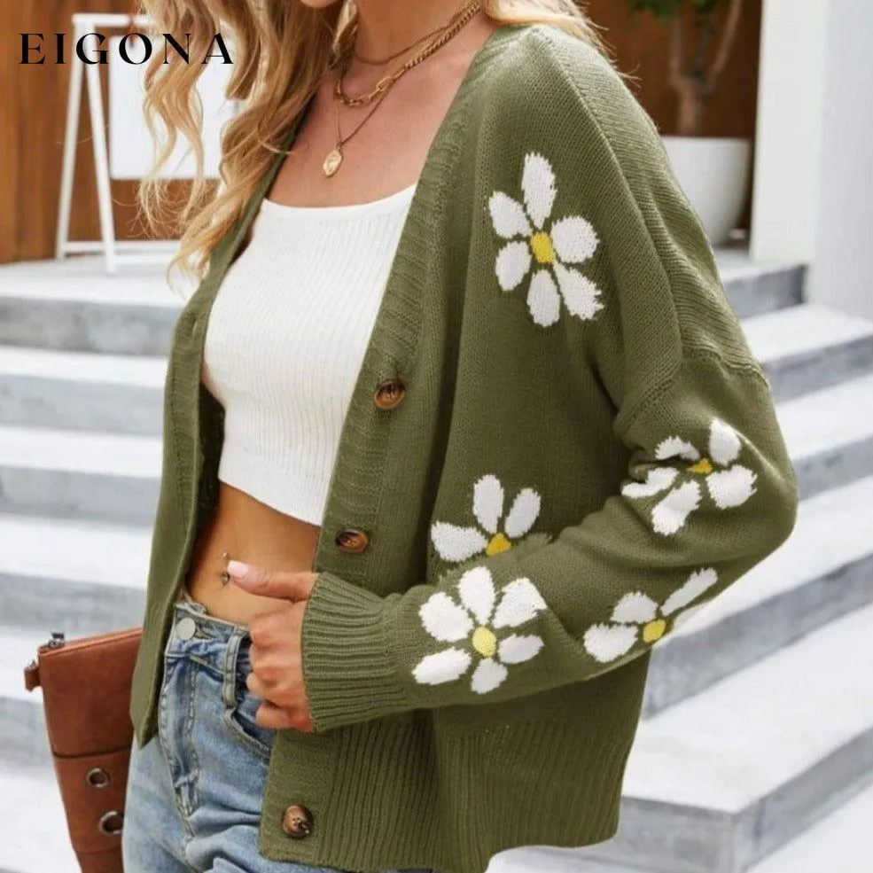 Floral Ribbed Trim Drop Shoulder Cardigan