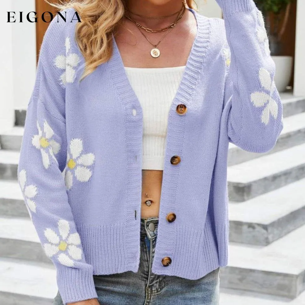 Floral Ribbed Trim Drop Shoulder Cardigan