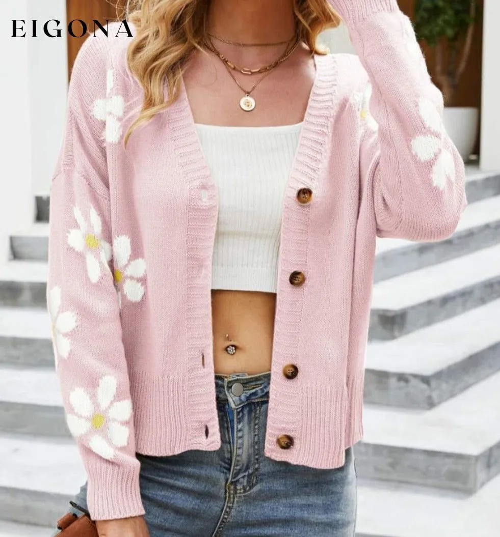 Floral Ribbed Trim Drop Shoulder Cardigan