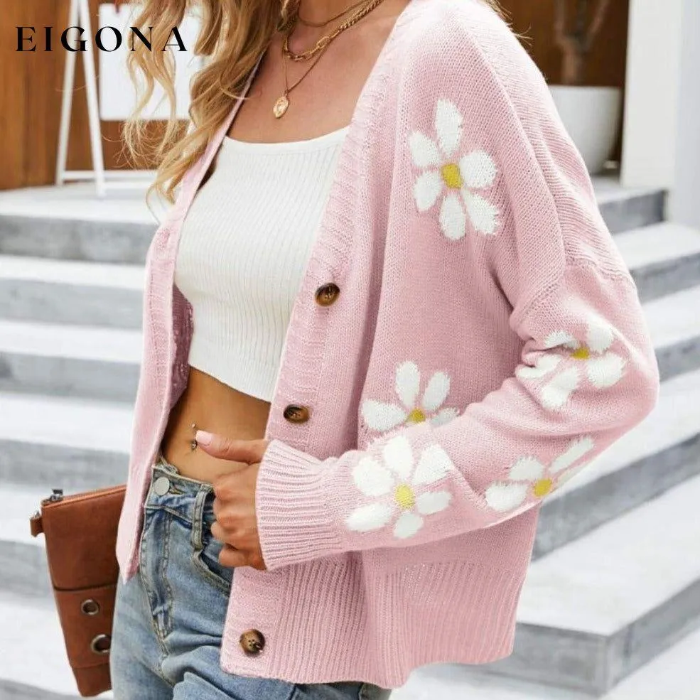 Floral Ribbed Trim Drop Shoulder Cardigan