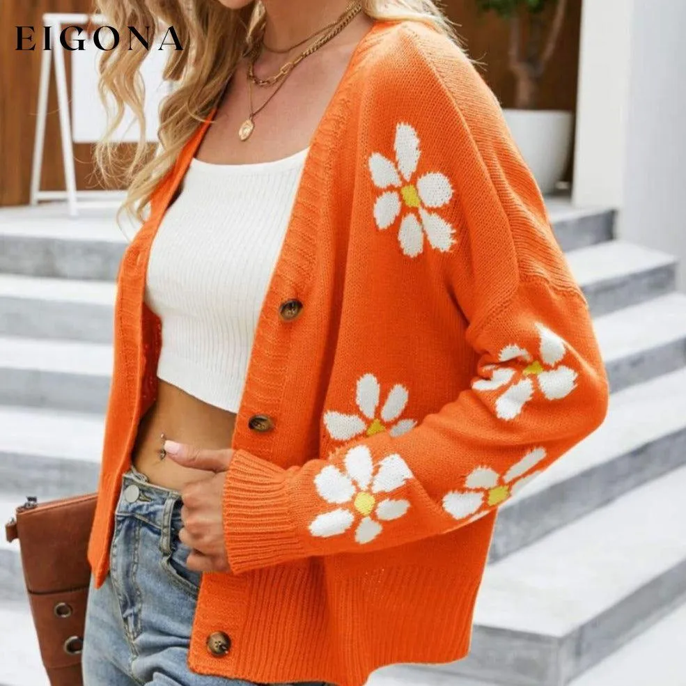 Floral Ribbed Trim Drop Shoulder Cardigan