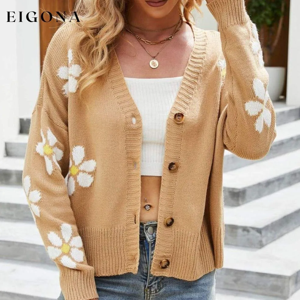 Floral Ribbed Trim Drop Shoulder Cardigan