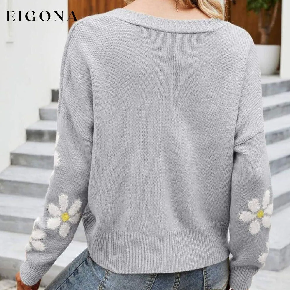 Floral Ribbed Trim Drop Shoulder Cardigan