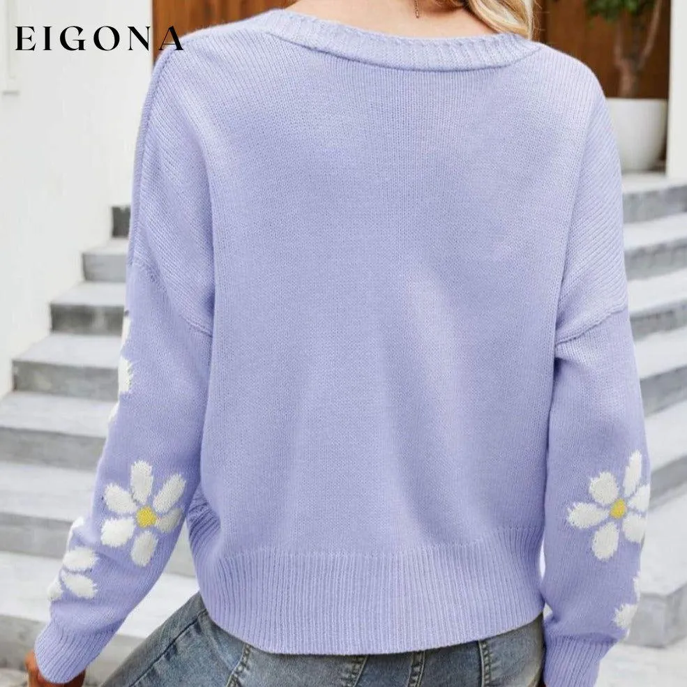 Floral Ribbed Trim Drop Shoulder Cardigan