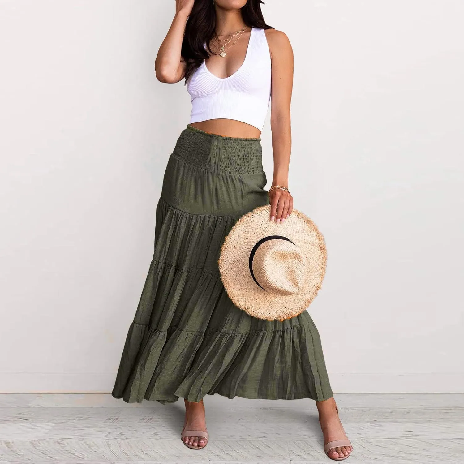 Flowy Maxi Skirt for Women Elastic High Waist Boho Pleated Long Skirts Summer Beach Tiered A-Line Skirts 2025 Trendy