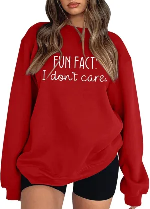 Fun Fact I Dont Care Oversized Sweatshirt for Women Crewneck Pullover Long Sleeve Top Word Cute Casual Jersey Y2k Crew Neck
