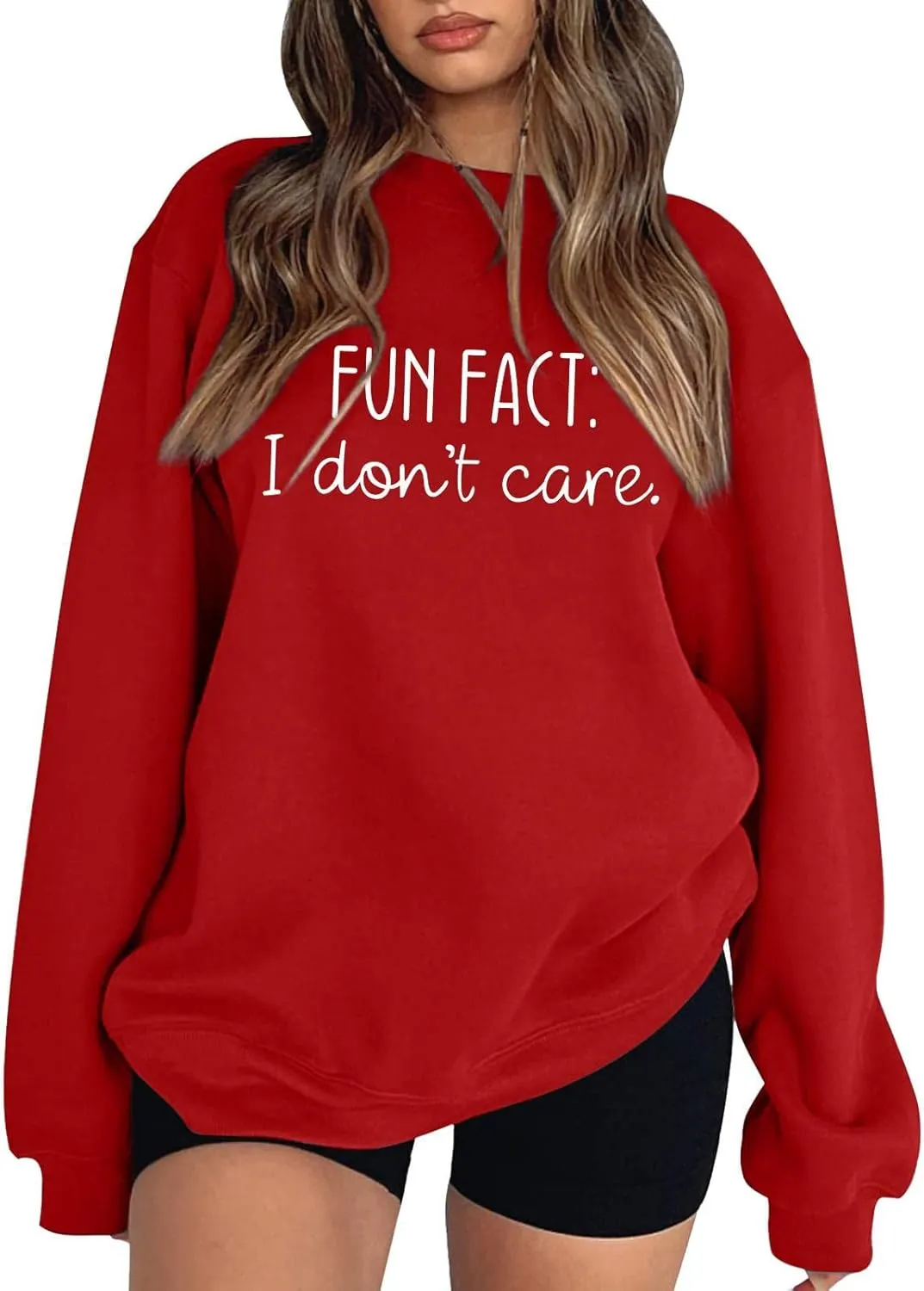 Fun Fact I Dont Care Oversized Sweatshirt for Women Crewneck Pullover Long Sleeve Top Word Cute Casual Jersey Y2k Crew Neck