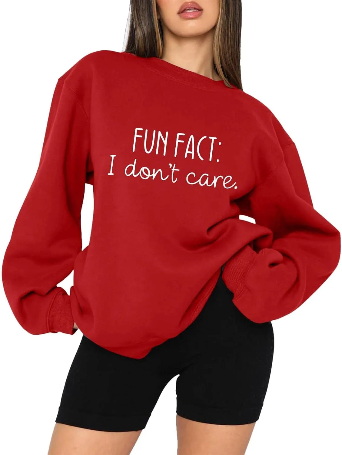 Fun Fact I Dont Care Oversized Sweatshirt for Women Crewneck Pullover Long Sleeve Top Word Cute Casual Jersey Y2k Crew Neck