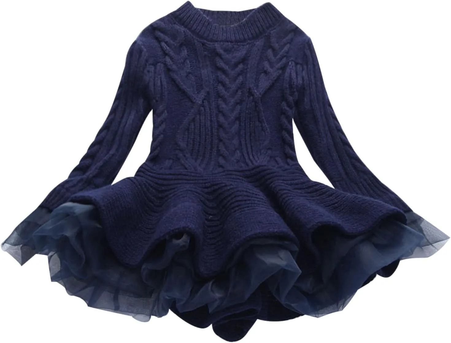 Girls Ribbed Knit Sweaters Dress Long Sleeve Vintage Cable Mini Dress Lace Patchwork Multi Swing Princess Dresses