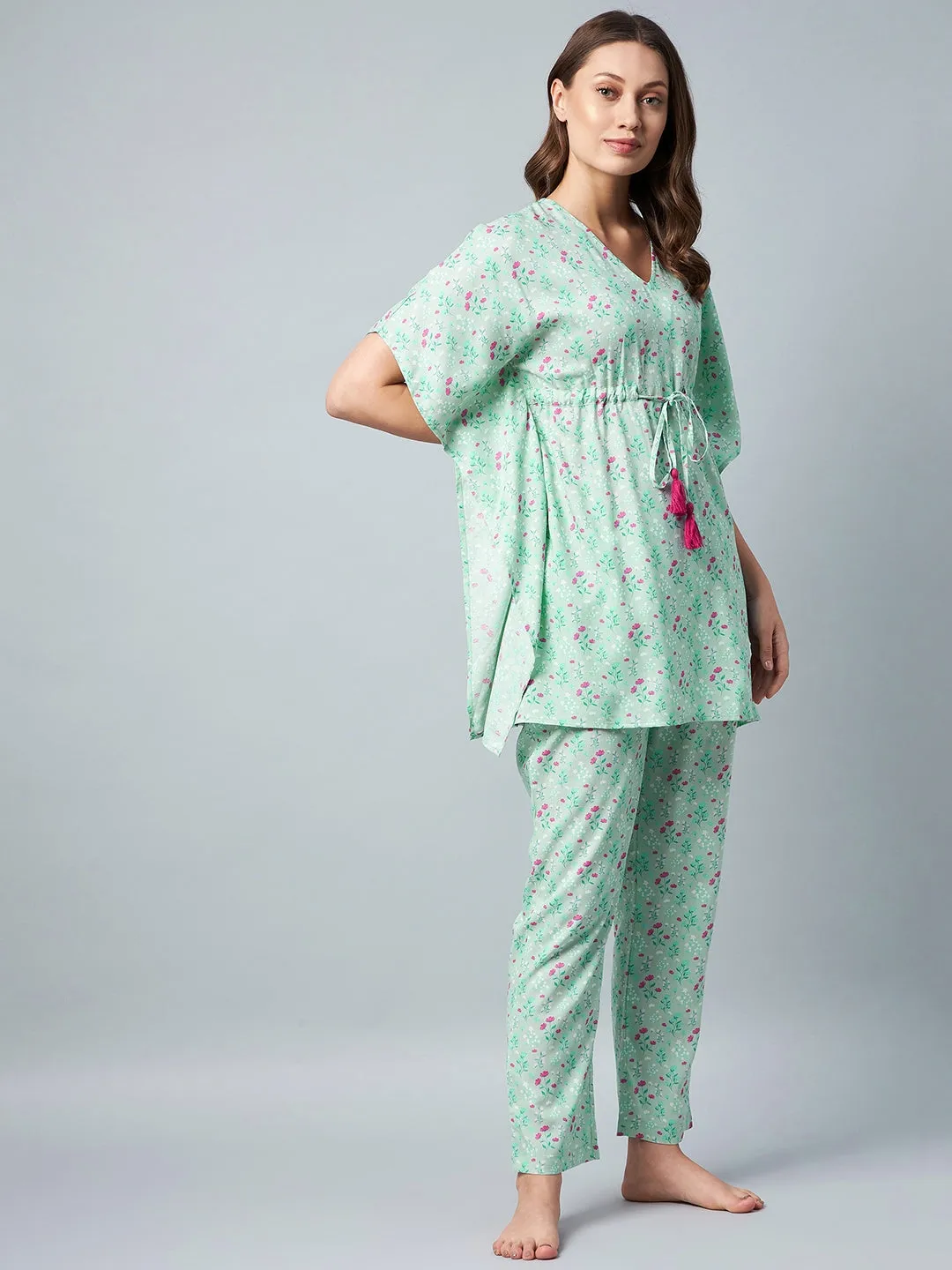 Green & Pink Floral Printed Kaftaan Style Set