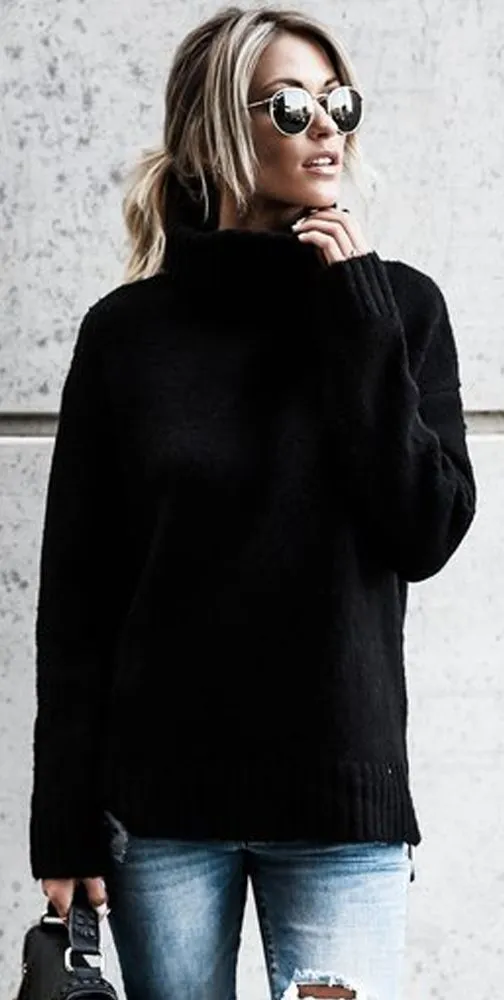High Neck Pure Color Loose Women Autumn Sweater