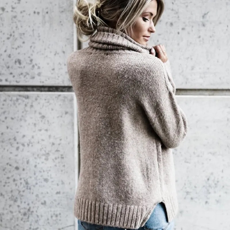 High Neck Pure Color Loose Women Autumn Sweater