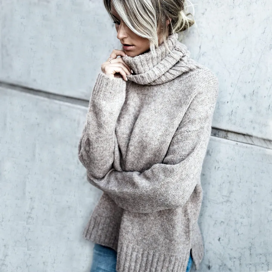High Neck Pure Color Loose Women Autumn Sweater