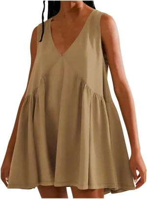 hlysgo Babydoll Dresses for Women 2025 Summer Sleeveless V Neck Beach Mini Dress Cute Ladies A-Line Swing Casual Sundress