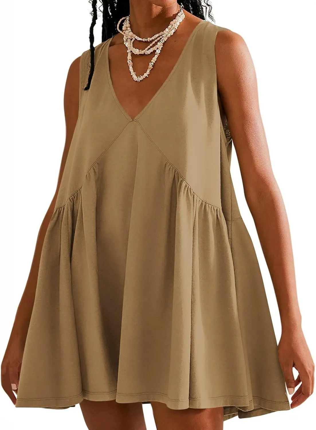hlysgo Babydoll Dresses for Women 2025 Summer Sleeveless V Neck Beach Mini Dress Cute Ladies A-Line Swing Casual Sundress