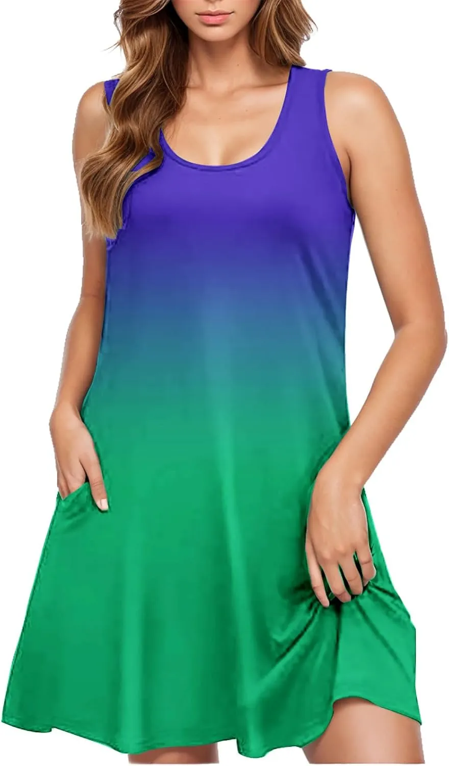 hlysgo Petite Dresses for Women with Pockets Summer Boho Sleeveless Crew Neck Mini Sundresses Trendy Beach Coverup Dress