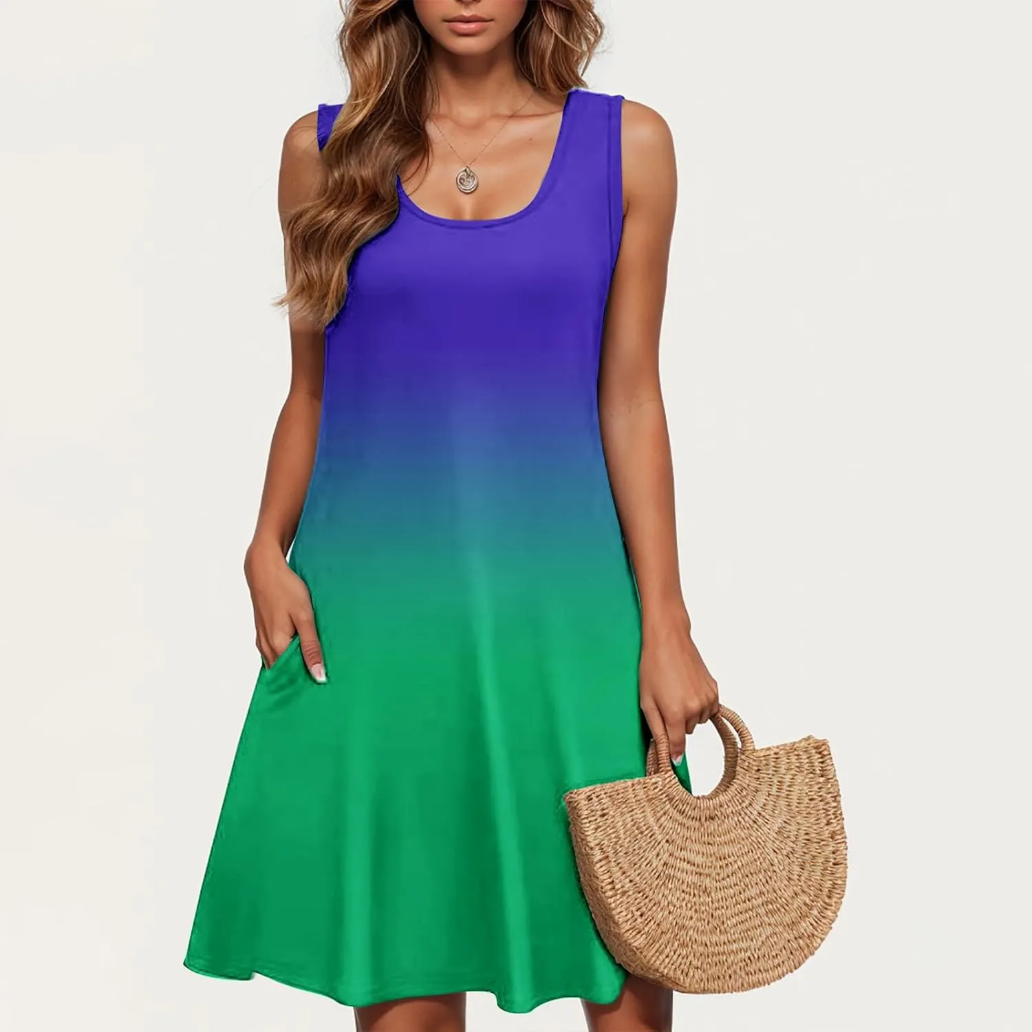 hlysgo Petite Dresses for Women with Pockets Summer Boho Sleeveless Crew Neck Mini Sundresses Trendy Beach Coverup Dress