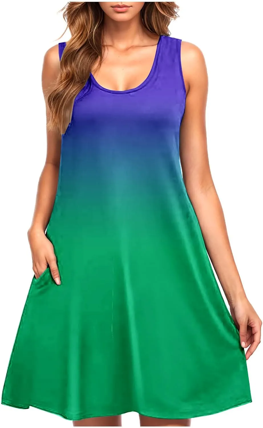 hlysgo Petite Dresses for Women with Pockets Summer Boho Sleeveless Crew Neck Mini Sundresses Trendy Beach Coverup Dress