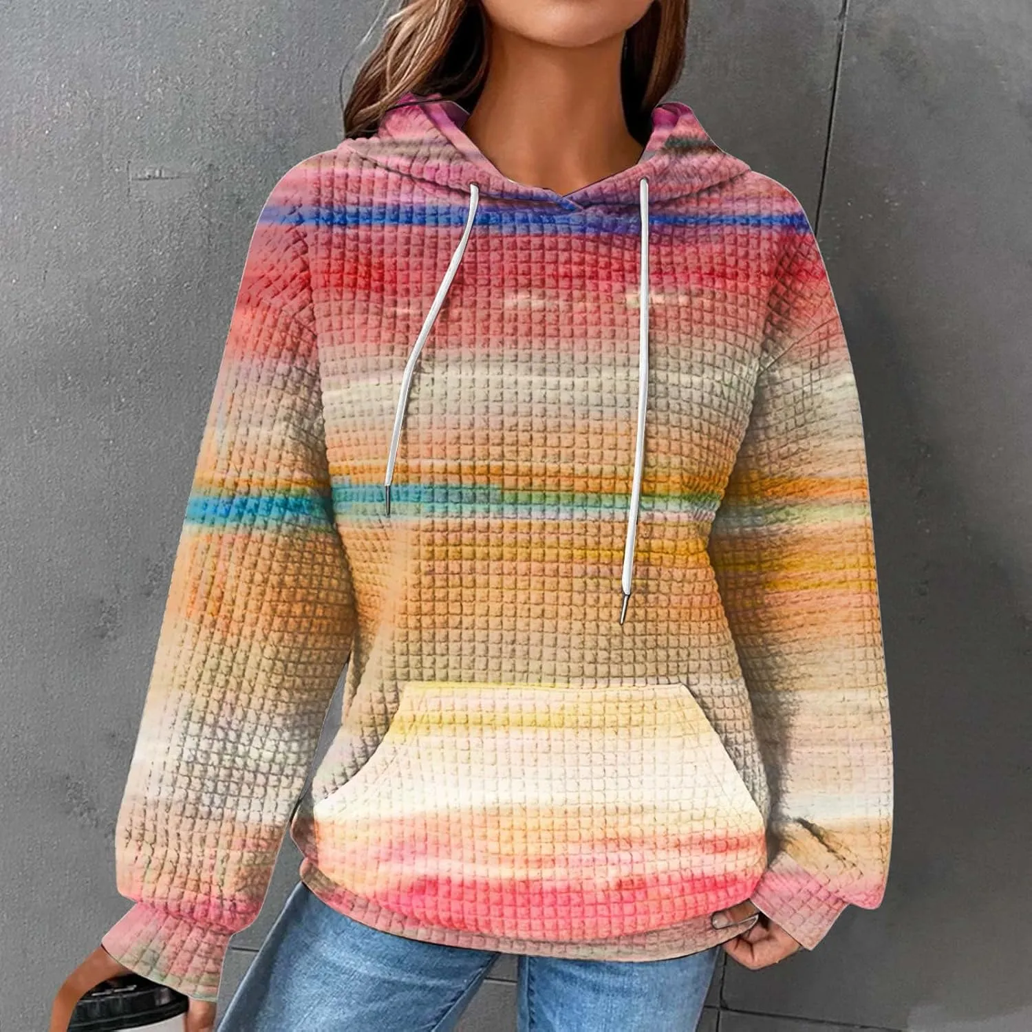 Hoodies for Women Waffle Knit Cute Hoodies Drawstring Pullover Sweatshirts Fashion Casual Sweaters Comfy Fall Clothes Outfits