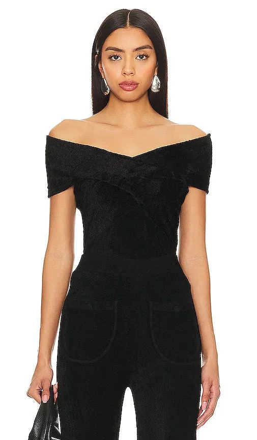 JoosTricot Solid Velvet Off Shoulder Crop in Black