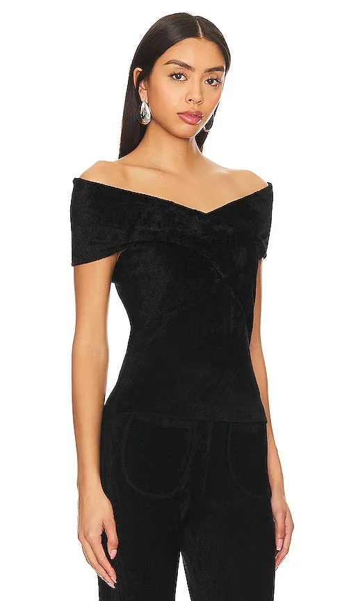 JoosTricot Solid Velvet Off Shoulder Crop in Black