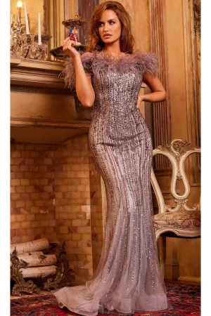 Jovani 24056 - Exquisite Off-Shoulder Evening Gown with Feathers