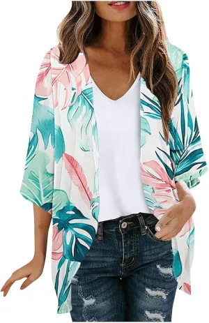 Kimonos for Women Comfy Beach Cover up Sheer Loose Open Front Cardigan Tops Blouse Summer Vacation Outfits