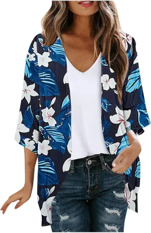 Kimonos for Women Comfy Beach Cover up Sheer Loose Open Front Cardigan Tops Blouse Summer Vacation Outfits