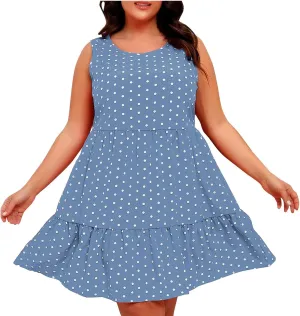LEMONONSTORE Sundress for Women Summer Plus Size Sleeveless Polka Dot Tank Mini Dress Casual Summer Ruffle A Line Dresses