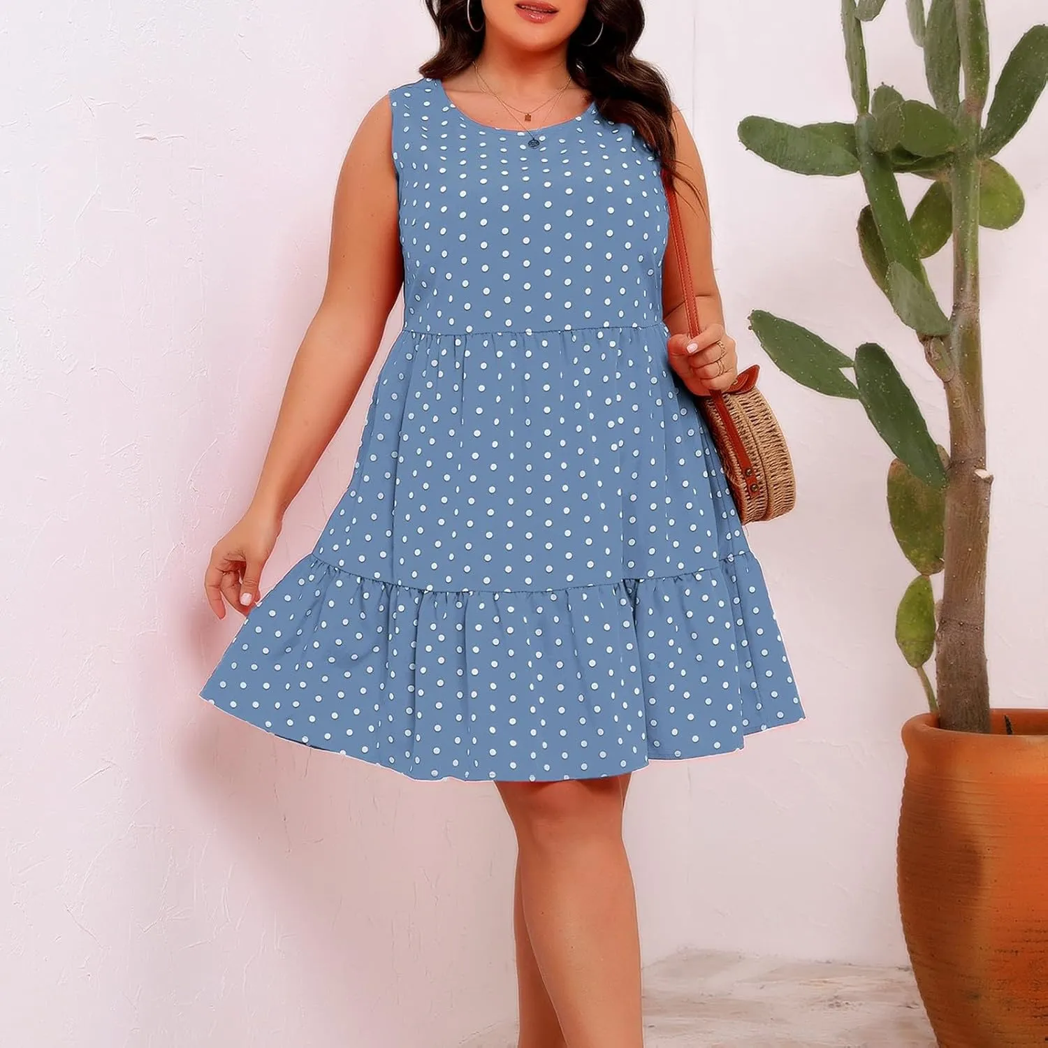 LEMONONSTORE Sundress for Women Summer Plus Size Sleeveless Polka Dot Tank Mini Dress Casual Summer Ruffle A Line Dresses
