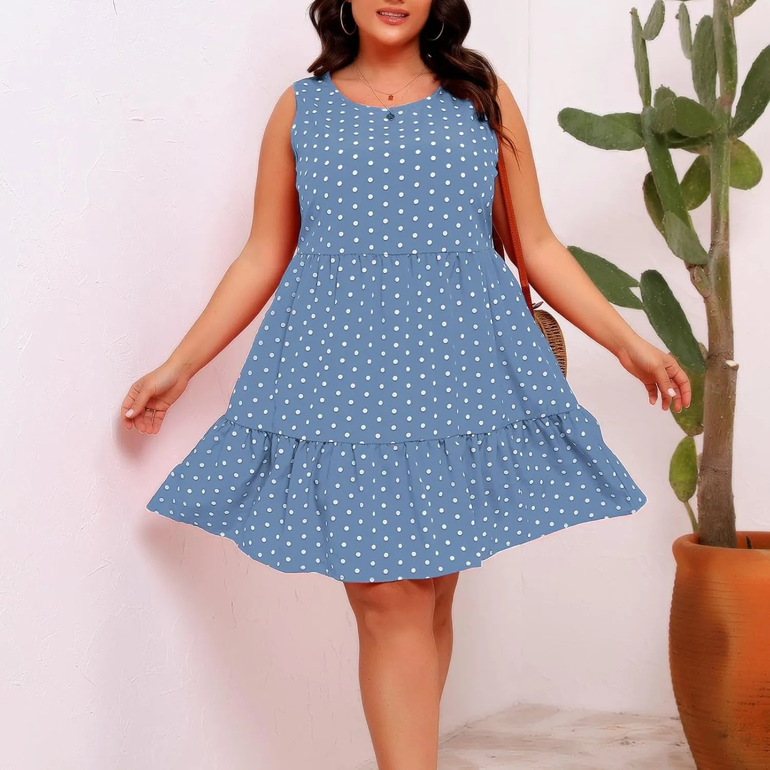 LEMONONSTORE Sundress for Women Summer Plus Size Sleeveless Polka Dot Tank Mini Dress Casual Summer Ruffle A Line Dresses