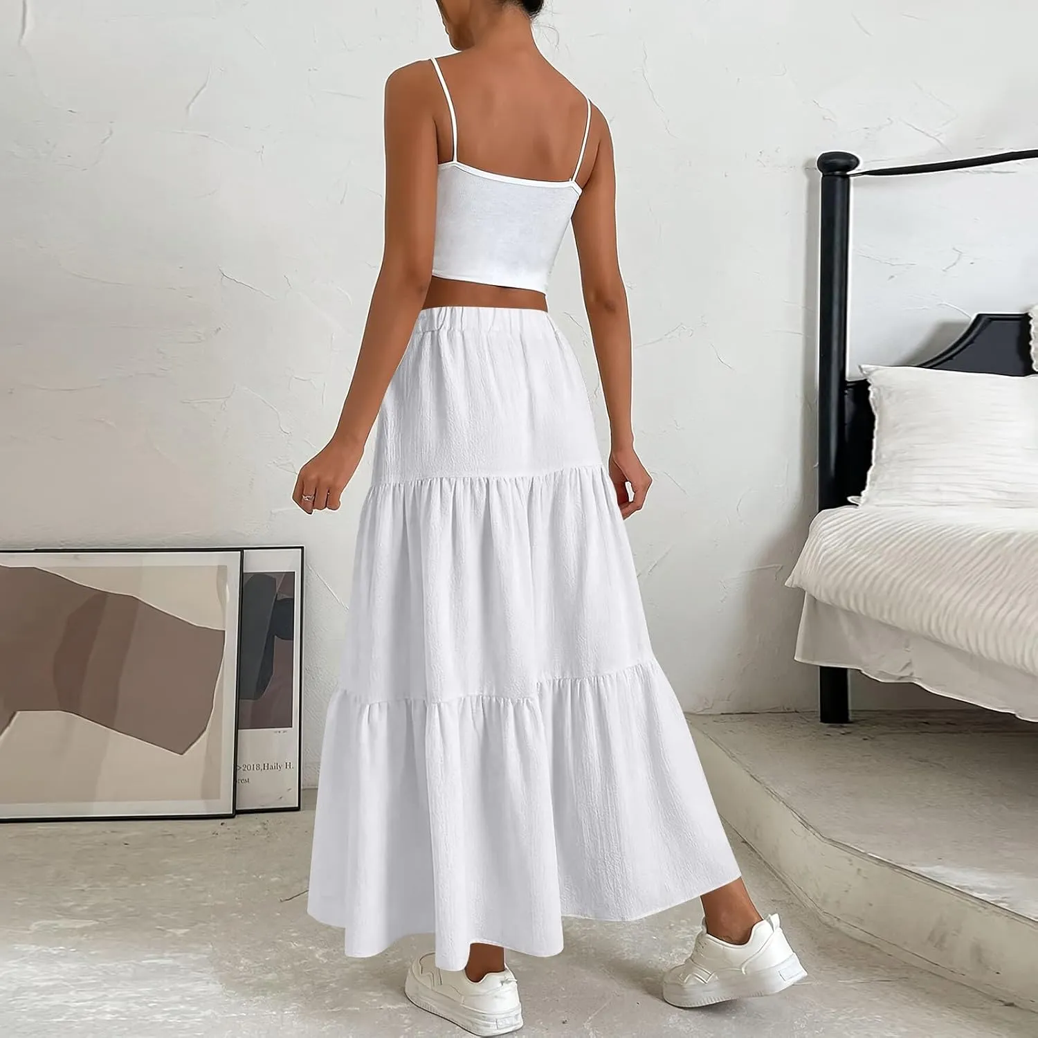 Linen Skirts for Women 2025 Casual Summer Bow High Waisted Tiered Maxi Skirt Flowy Vacation Beach Long Pleated Skirt