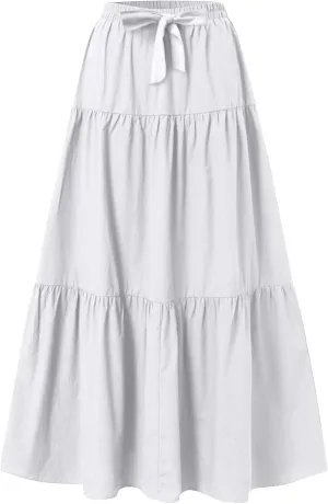 Linen Skirts for Women 2025 Casual Summer Bow High Waisted Tiered Maxi Skirt Flowy Vacation Beach Long Pleated Skirt
