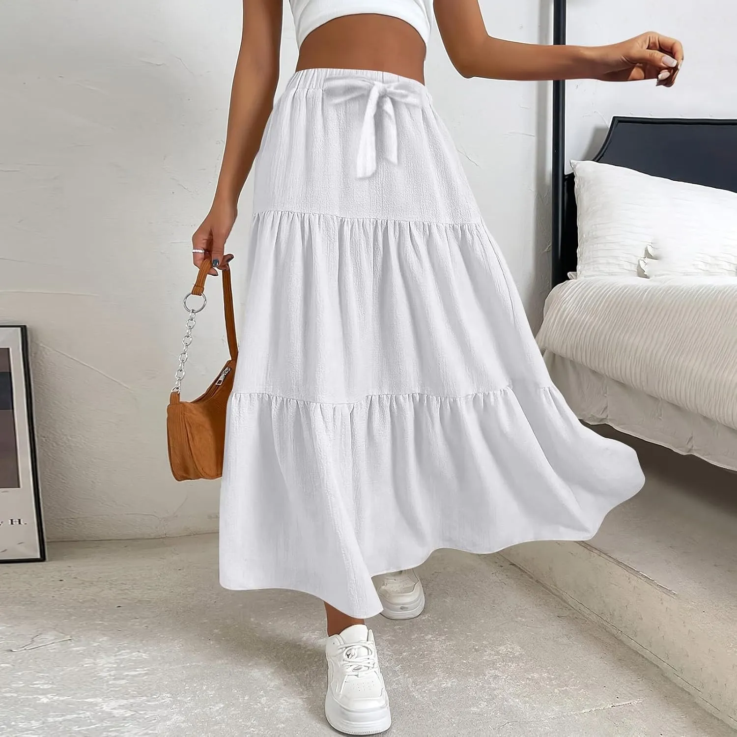 Linen Skirts for Women 2025 Casual Summer Bow High Waisted Tiered Maxi Skirt Flowy Vacation Beach Long Pleated Skirt