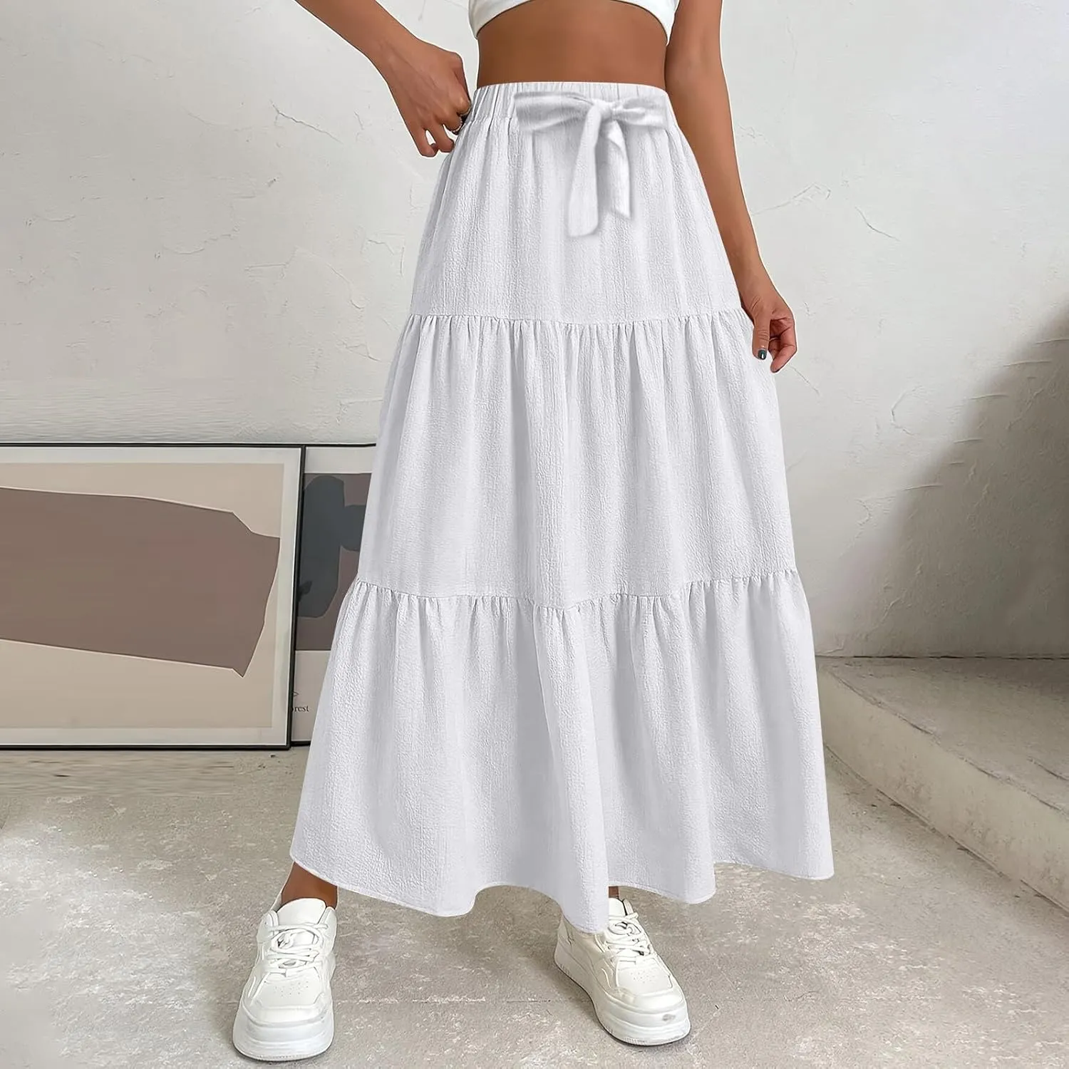 Linen Skirts for Women 2025 Casual Summer Bow High Waisted Tiered Maxi Skirt Flowy Vacation Beach Long Pleated Skirt