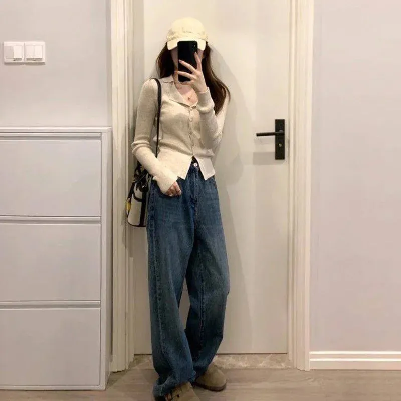 LVSANW Rimocy Korean Fashion V Neck Knitted Cardigan Women 2025 Spring Solid Color Lapel Sweater Woman Chic Long Sleeve Jumper Tops