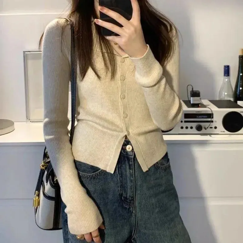 LVSANW Rimocy Korean Fashion V Neck Knitted Cardigan Women 2025 Spring Solid Color Lapel Sweater Woman Chic Long Sleeve Jumper Tops