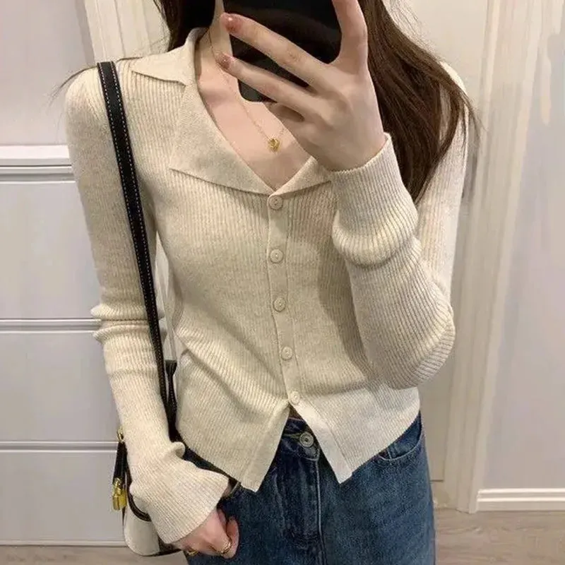 LVSANW Rimocy Korean Fashion V Neck Knitted Cardigan Women 2025 Spring Solid Color Lapel Sweater Woman Chic Long Sleeve Jumper Tops