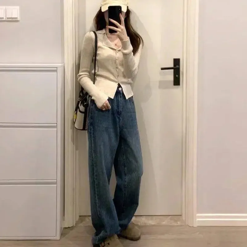 LVSANW Rimocy Korean Fashion V Neck Knitted Cardigan Women 2025 Spring Solid Color Lapel Sweater Woman Chic Long Sleeve Jumper Tops