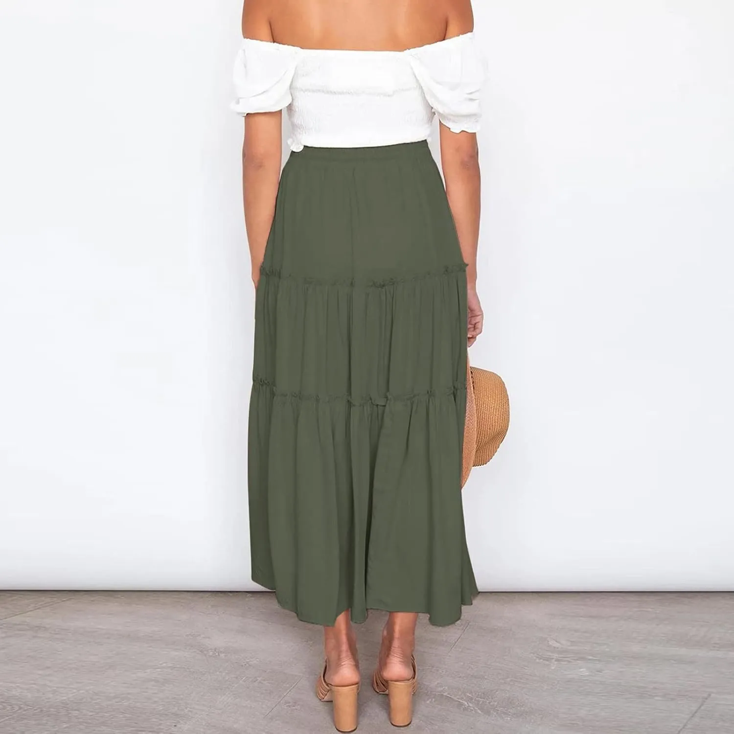 Maxi Skirt for Women Flowy Elastic High Waist Long Skirts Boho Summer Beach Pleated A-Line Skirts with Drawstring