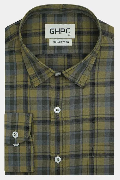 Men's 100% Cotton Plaid Checkered Full Sleeves Shirt (Brown)