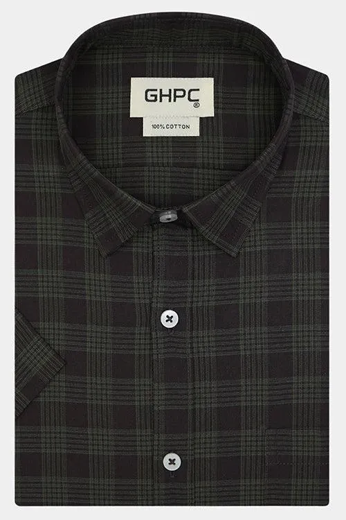 Men's 100% Cotton Windowpane Checkered Half Sleeves Shirt (Brown)