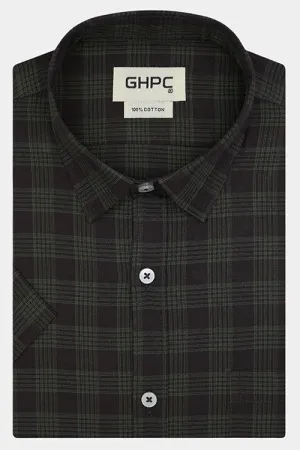 Men's 100% Cotton Windowpane Checkered Half Sleeves Shirt (Brown)
