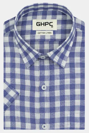 Men's Cotton Linen Checkered Half Sleeves Shirt (Blue)