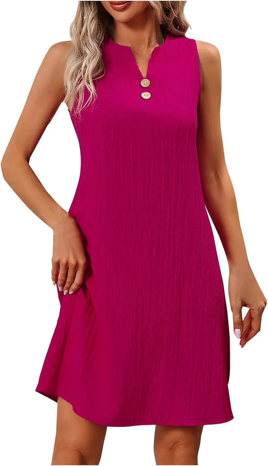 Mini Dress for Women 2025 Summer Notch V Neck Sleeveless Knee Length Dresses Casual Loose Fit A-Line Beach Sundress