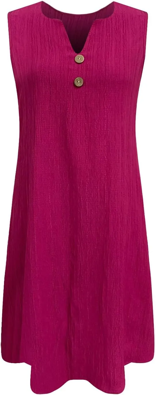 Mini Dress for Women 2025 Summer Notch V Neck Sleeveless Knee Length Dresses Casual Loose Fit A-Line Beach Sundress